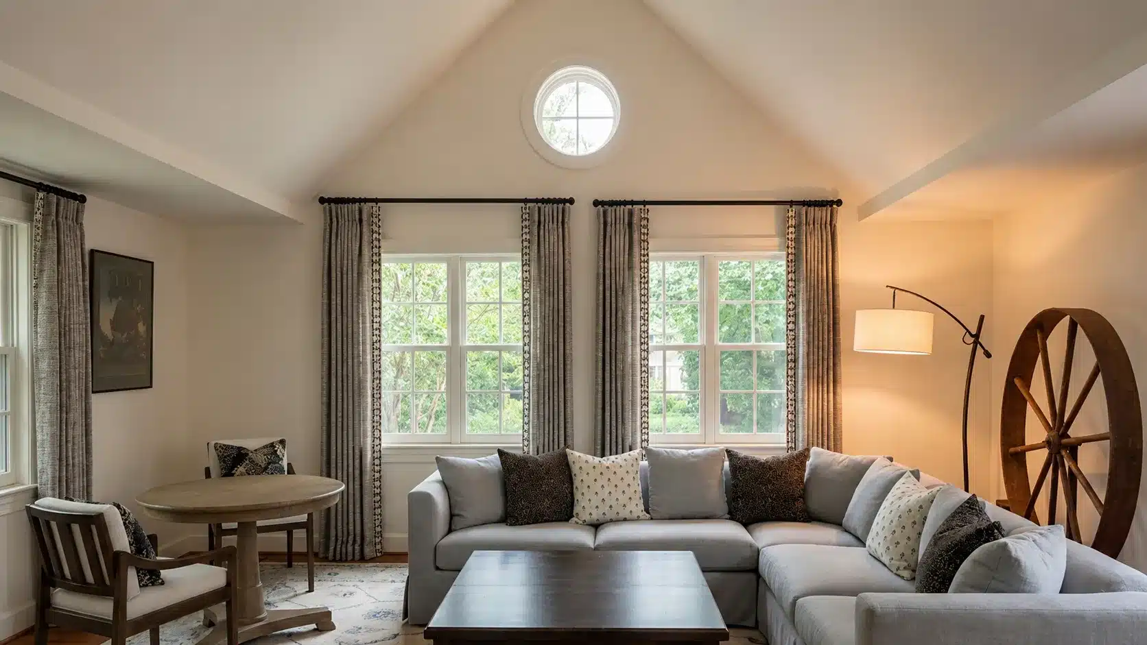 Custom floor-length drapery in a vaulted living room