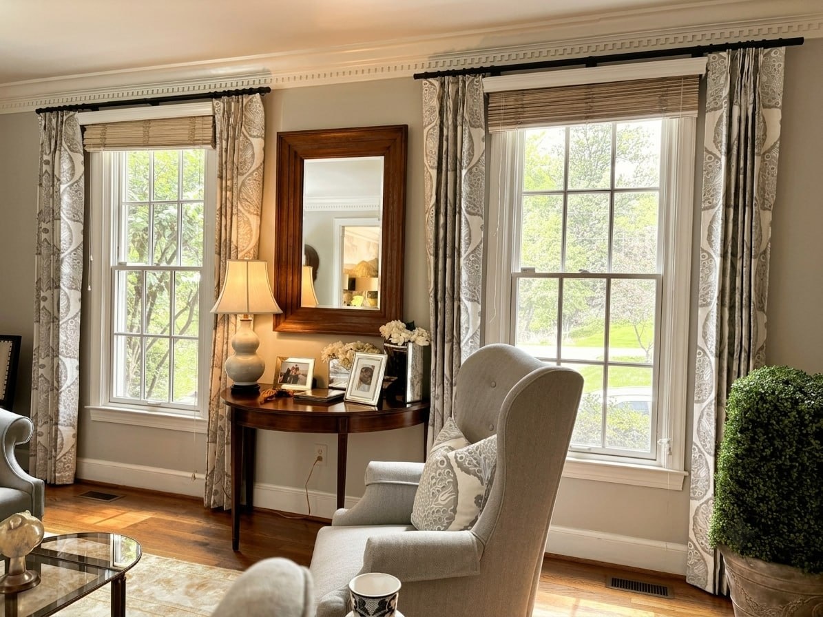 Living room with patterned Roman shades flanking a media wall